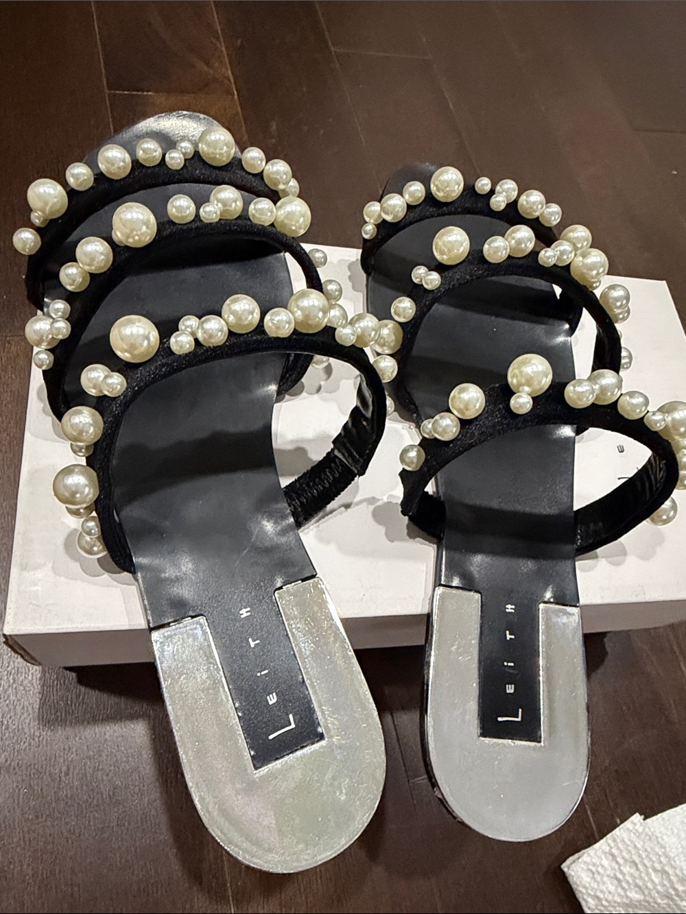 Leith Black Pearl-Embellished Triple-Strap Slide Sandals